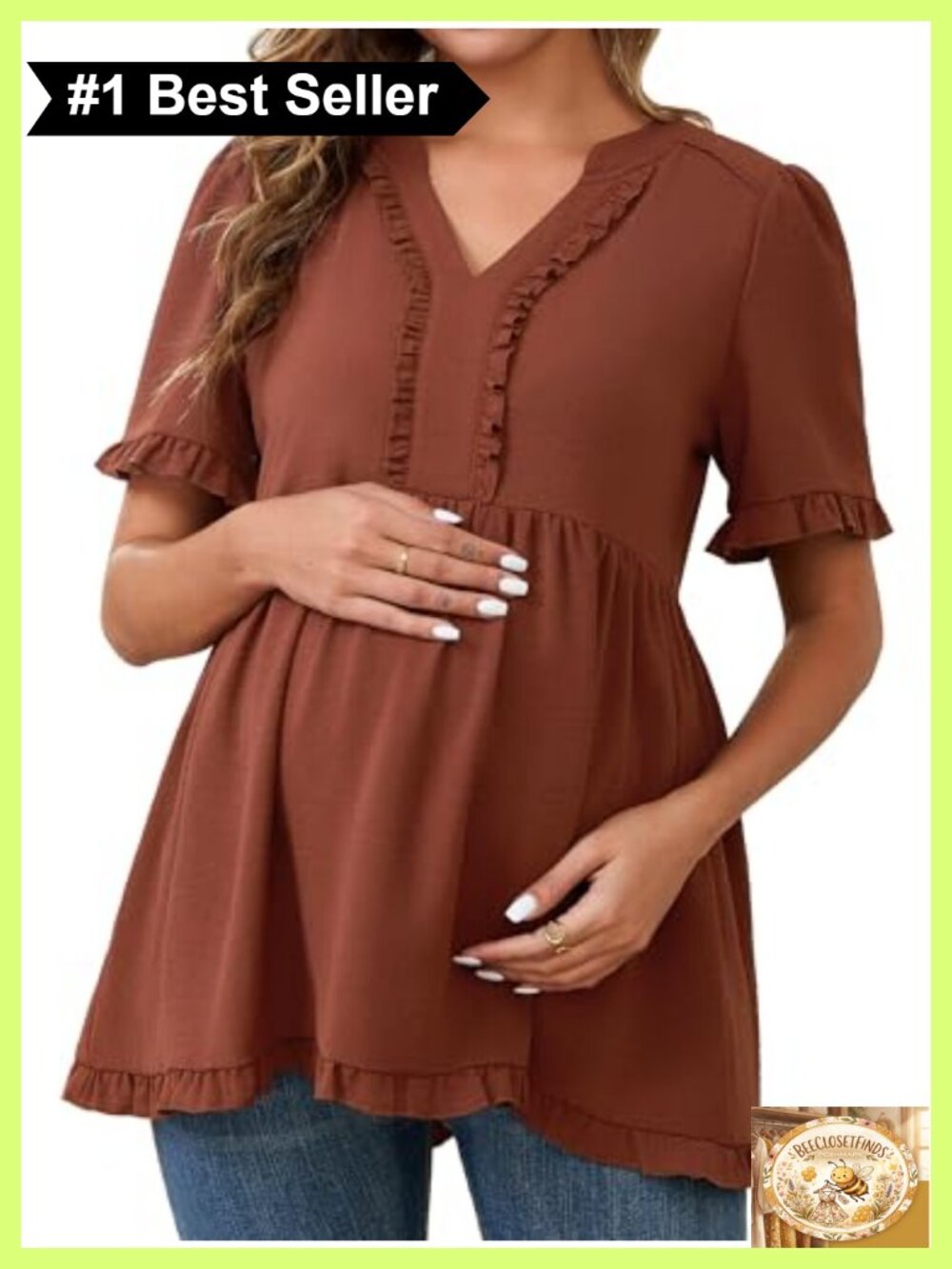 Boho Flowy Ruffled Maternity Blouse Babydoll V-Neck Top